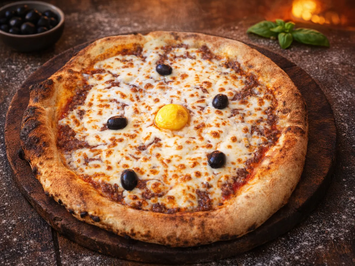 Pizza Bolognaise - tomate, viande hachée, œuf, olives, mozza