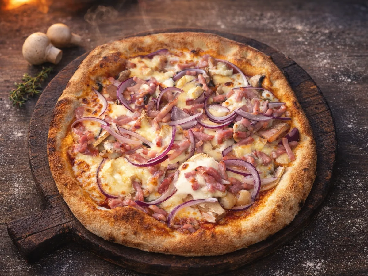 Pizza Forestière - tomate, pommes de terre, champignons, reblochon, lardons, oignons, crème fraîche, mozza