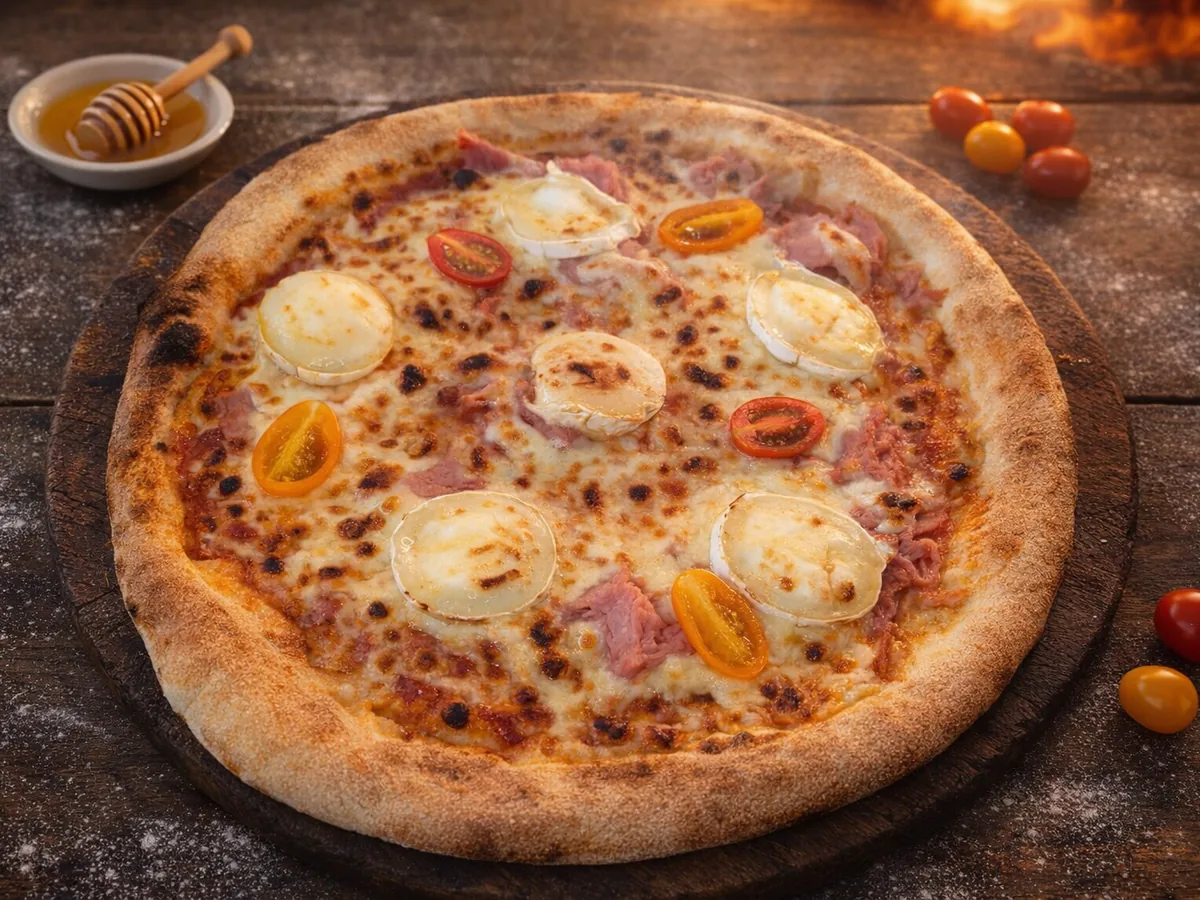 Pizza Napo - tomate, jambon, chèvre, miel, tomates cerises, mozza