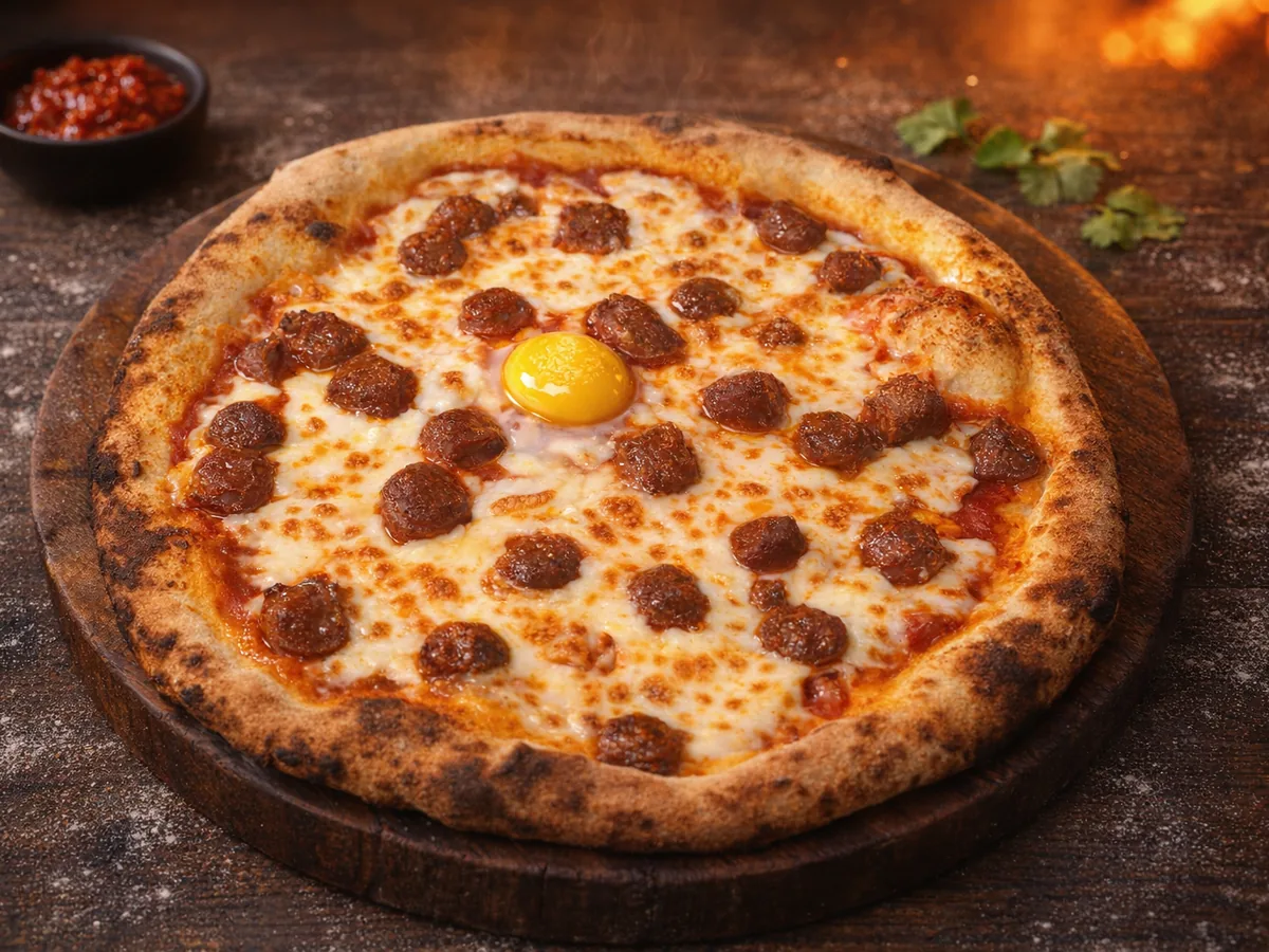 Pizza Orientale - tomate, merguez, œuf, mozza