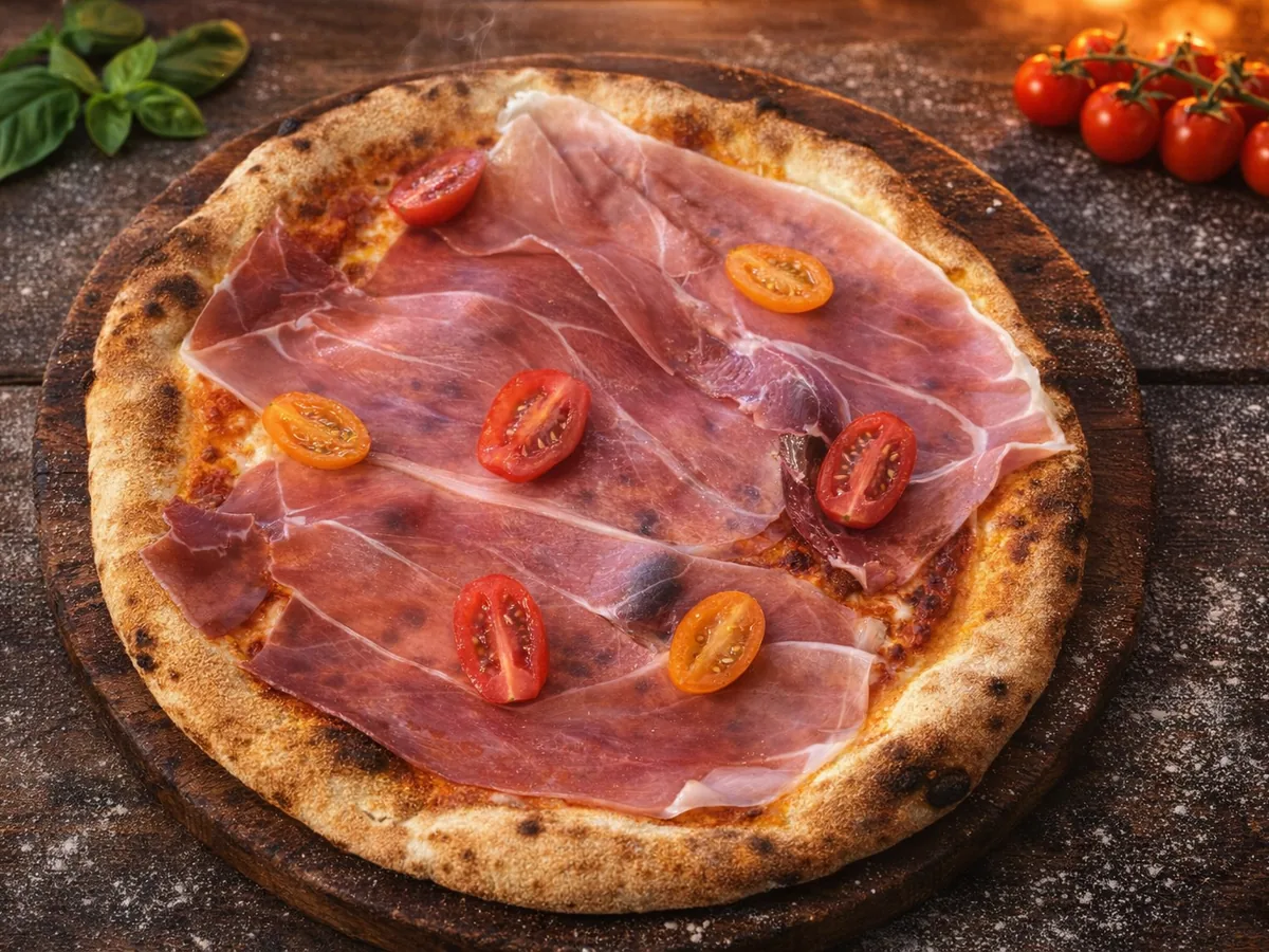 Pizza Parme - tomate, jambon de Parme, olives, mozza