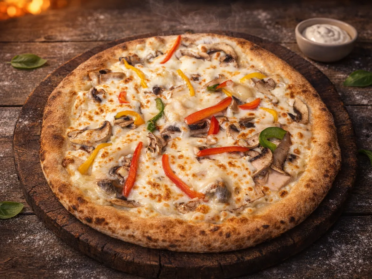 Pizza Pollo - crème fraîche, poulet, gorgonzola, poivrons, champignons, mozza