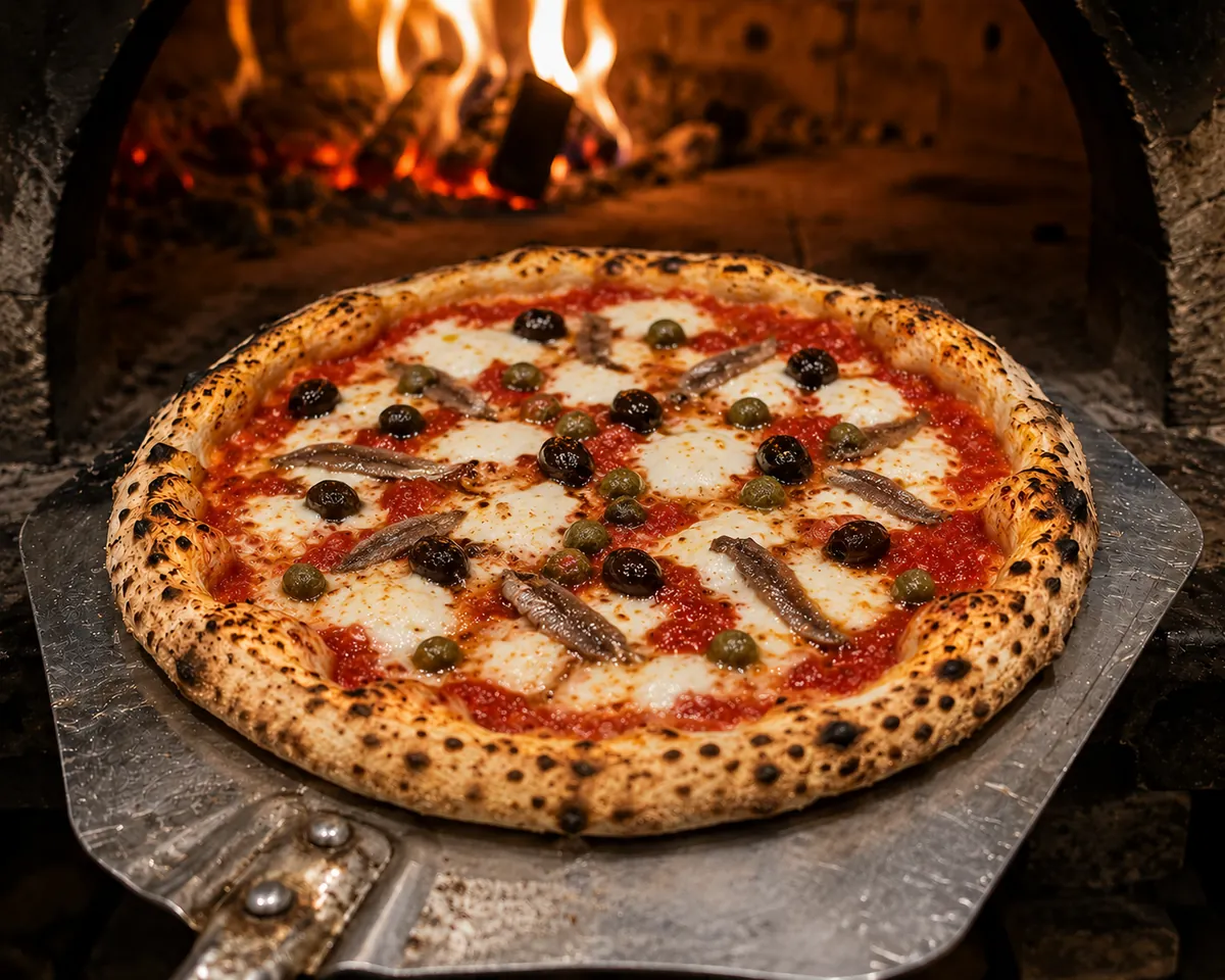 Pizza Sicilienne - tomate, anchois, câpres, olives, mozza
