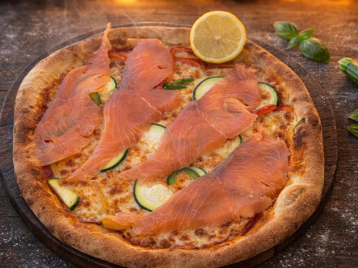 Pizza Sudiste - tomate, saumon fumé, poivrons, courgettes, mozza