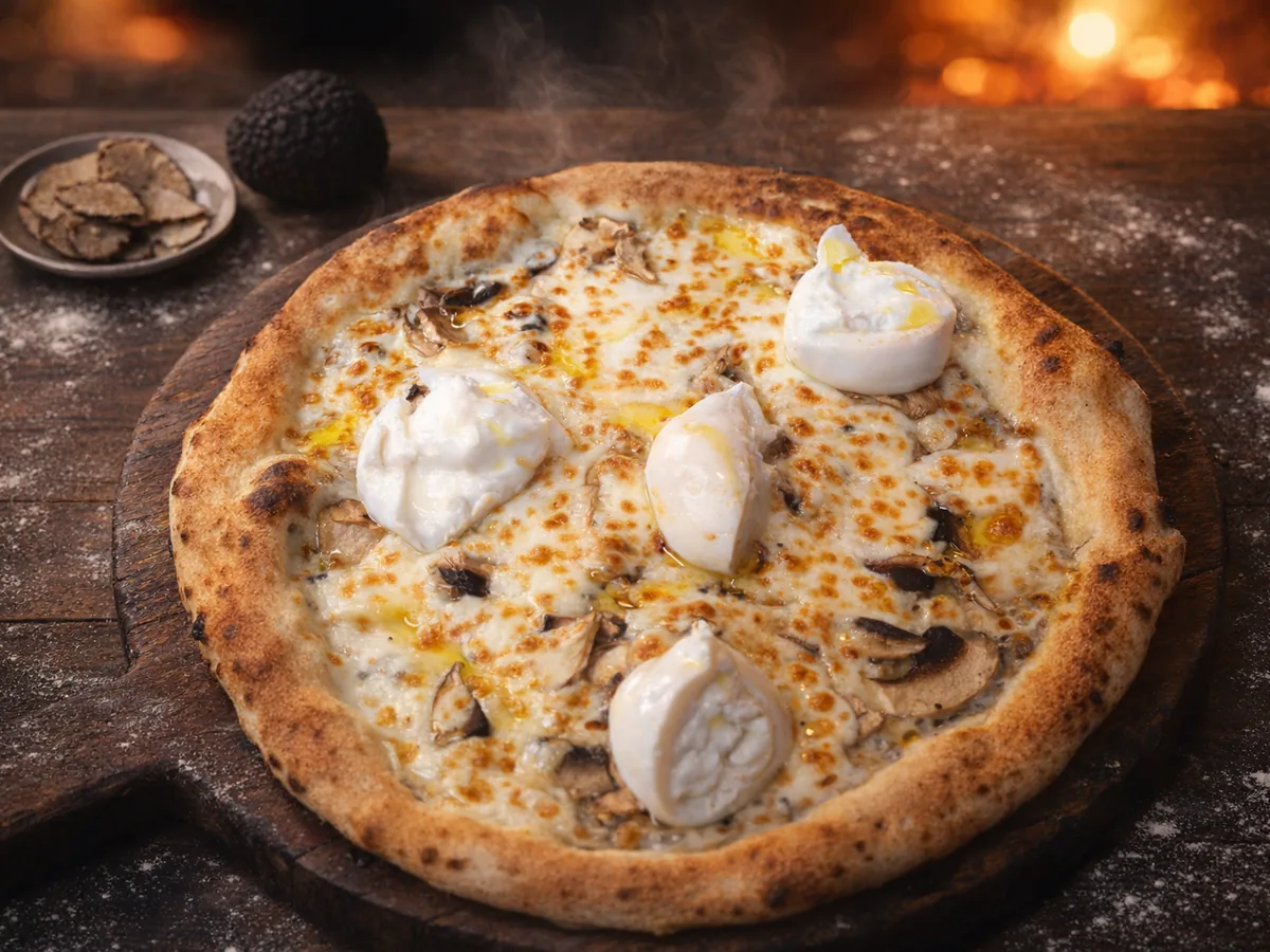 Pizza Truffo - crème à la truffe, champignons, Burrata à la truffe