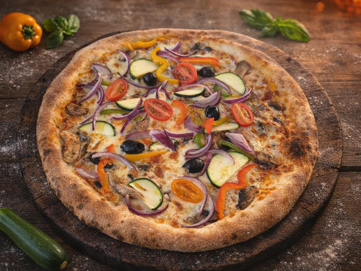 Pizza Végétarienne - tomate, artichauts, champignons, oignons, poivrons, aubergines, courgettes, olives, mozza